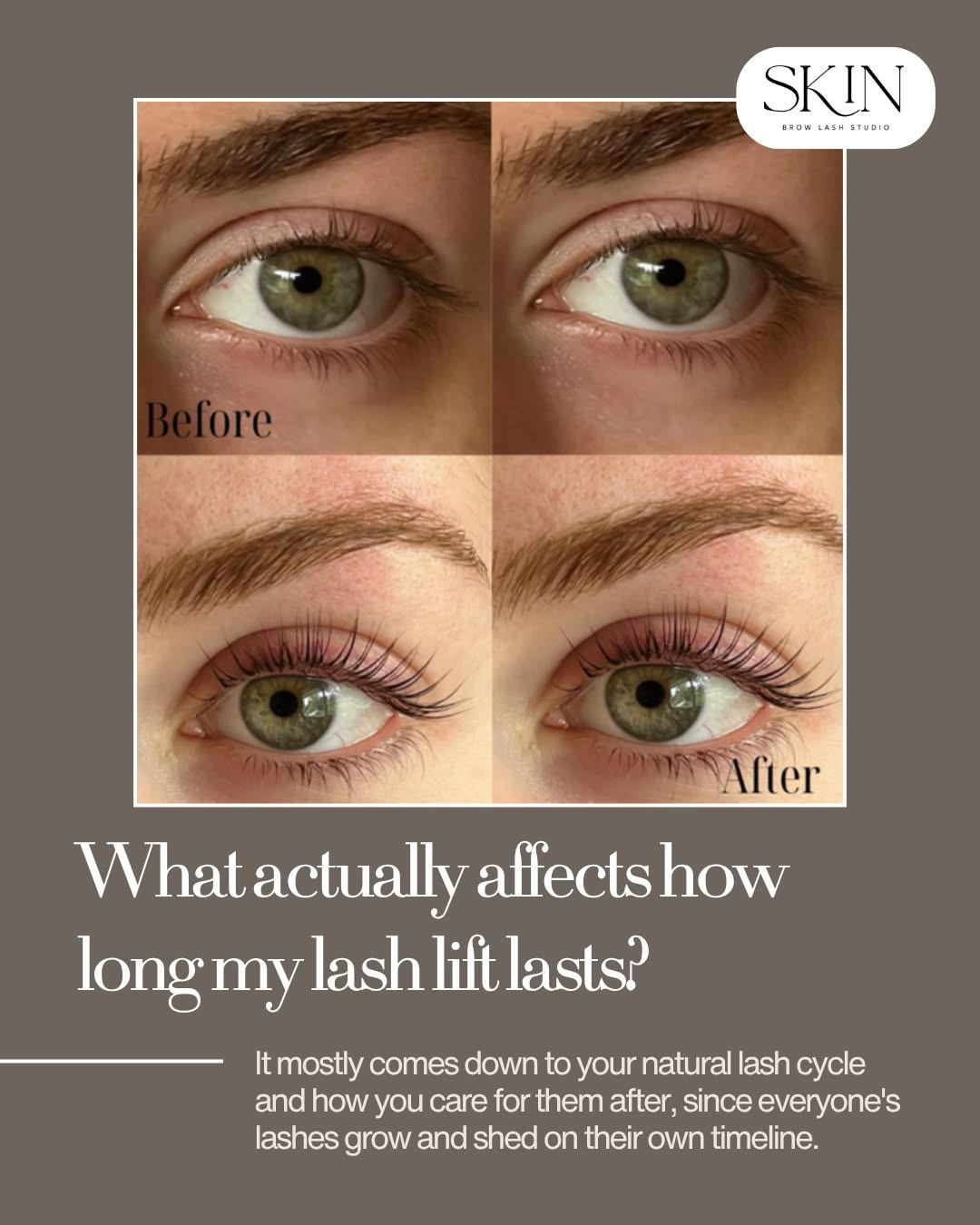 Skin Brow Lash Studio educational graphic explaining what affects lash lift longevity